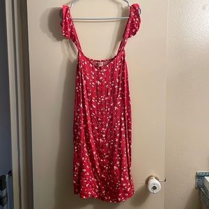 Spring/summer red button up dress w/ white floral print.